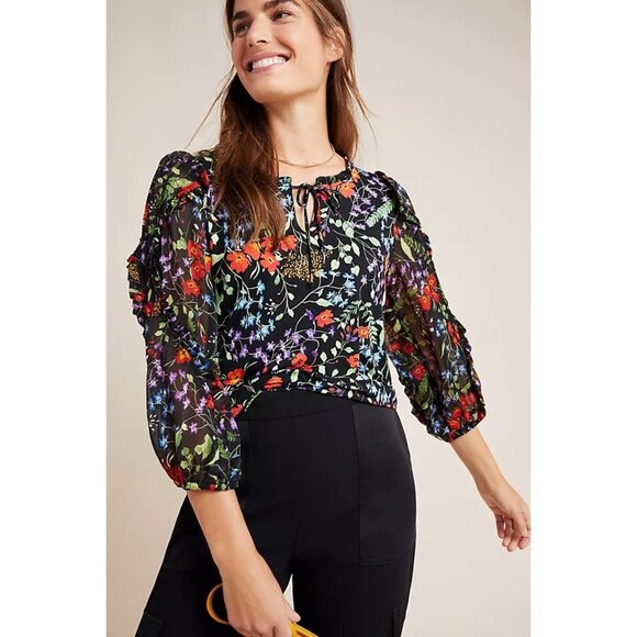 Maeve Anthropologie Jacquin Peasant Blouse Top L Medium Black Floral Boho - Picture 1 of 6